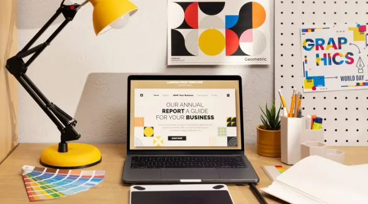 Una computadora portátil sobre un escritorio muestra un informe comercial de branding, rodeado de materiales de marca como muestras de color, materiales de arte, cuadernos, una lámpara de escritorio y carteles geométricos en la pared.