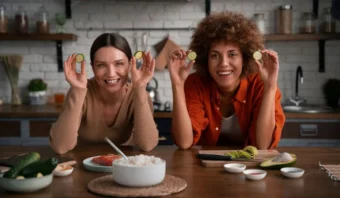 Dos mujeres en una cocina sonríen y sostienen rodajas de pepino ante sus ojos, rodeadas de ingredientes en la mesa, capturando un momento divertido de el FoodTelling.