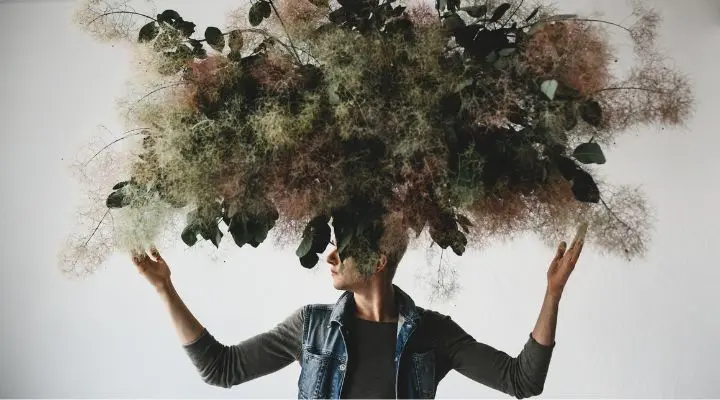 Una persona se encuentra de pie frente a un fondo sencillo, sosteniendo un arreglo grande y aireado de ramas y follaje sobre su cabeza: un guiÃ±o caprichoso al surrealista Mundo de Babel.