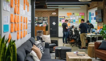 Espacio de oficina moderno con sofás, mesas de madera y paredes cubiertas de notas adhesivas de colores; varias personas colaboran en escritorios con computadoras en el fondo, lo que refleja cómo tratas a tus agencias a través del trabajo en equipo abierto y la creatividad.