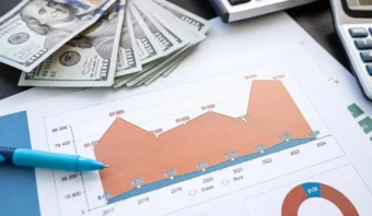 Un cuadro financiero con un bolígrafo apuntando a datos, billetes de cien dólares estadounidenses y una calculadora, que representa el análisis financiero, la planificación empresarial y el estudio de los ingresos en el deporte.