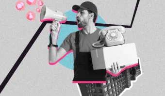 Un hombre con gorra y mono sostiene un megáfono y una caja con un teléfono de disco, rodeado de íconos abstractos de redes sociales y edificios de la ciudad, evocando una sensación de experiencia de marketing.