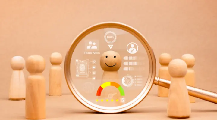 Una lupa se enfoca en una figura de madera sonriente entre otras, con íconos digitales y un indicador de rendimiento superpuestos, que ilustran el análisis personal.