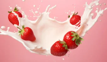 Varias fresas frescas salpican la leche sobre un fondo rosa, con gotas y movimiento del líquido capturados en el aire, capturando perfectamente la deliciosa frescura de Yoplait México.