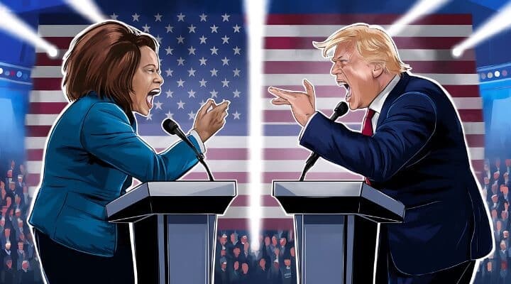 Dos personas están de pie en podios, una frente a la otra y gritando —una se parece a Donald Trump— con banderas estadounidenses en el fondo y una audiencia observando.