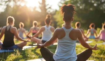 Un grupo de Early Boomers se sienta con las piernas cruzadas sobre colchonetas de yoga al aire libre, mirando al sol, participando en una sesiÃ³n de yoga o meditaciÃ³n en una zona con cÃ©sped.