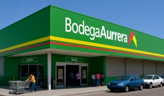 Exterior de un supermercado Bodega AurrerÃ¡, la marca mÃ¡s valorada por los millennials, con una fachada verde, autos estacionados, carritos de compras y gente entrando por la entrada.