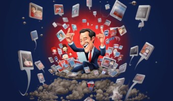 Una caricatura de un hombre con traje sentado encima de un montón de rocas por la guerra .