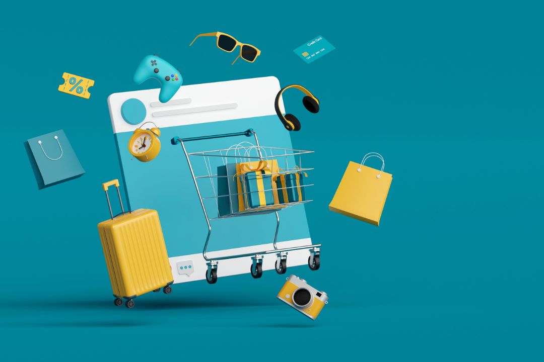 Iconos de lentes, bolsas, juegos, audÃ­fonos con un fondo azul sobre e-commerce