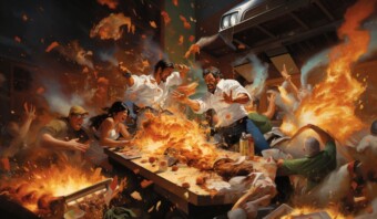 Una pintura de un grupo de personas rodeadas de fuego en Borrego Viudo, disfrutando de tacos.