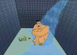 Una caricatura de un hombre en una ducha de noticias falsas.