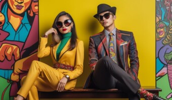 Un hombre y una mujer con trajes amarillos posando en un banco con estándares de moda.