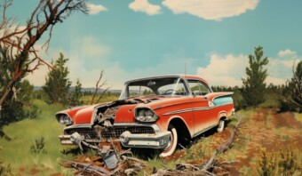 Una pintura de un viejo coche rojo en el bosque.