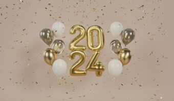 Confeti y globos con el número 2020.