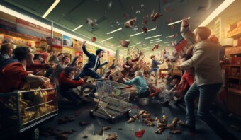 Un grupo de personas se pelean en una tienda de comestibles.