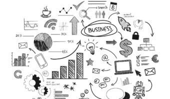 Un garabato en blanco y negro que representa varios conceptos, símbolos y gráficos empresariales y tecnológicos.