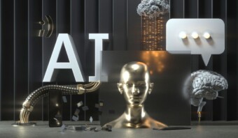 Representación 3D de una obra de arte conceptual que representa la inteligencia artificial con un busto metálico, letras "ai", un cerebro digital y elementos simbólicos.