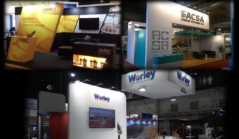 Collage de varios stands corporativos de tu empresa de diferentes empresas en una feria comercial.