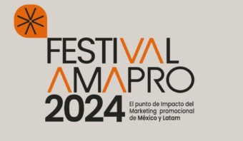 Logotipo del Festival AMAPRO 2024 con el lema "El punto de Impacto del Marketing promocional de México y Latam" y un elemento decorativo de color naranja.