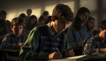 Un niño se sienta atentamente en un salón de clases, escribiendo en su cuaderno. Otros estudiantes están sentados a su alrededor, ocupados en su propia educación. La habitación tiene una iluminación cálida y tenue con las persianas parcialmente cerradas.