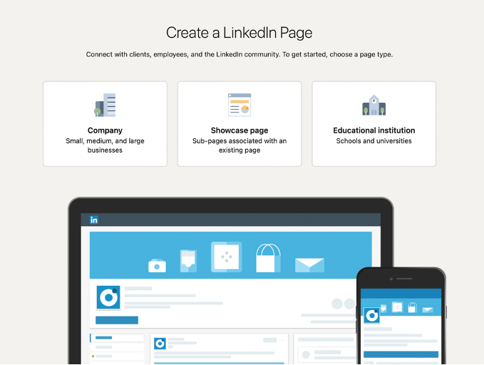 Captura de pantalla de la interfaz “Crear una página de empresa” de LinkedIn, que muestra opciones para Empresa, Página de presentación e Institución educativa, con páginas de LinkedIn de muestra en dispositivos de escritorio y móviles.