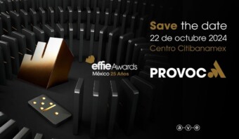 Guarde el anuncio de la fecha del 25 aniversario de los Effie Awards México el 22 de octubre de 2024, en el Centro Citibanamex, con el logo de Provoc y otros elementos de diseño abstracto de fondo.
