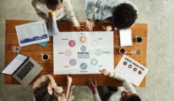 Cuatro personas están sentadas alrededor de una mesa, discutiendo un cartel de estrategia de marketing. Tienen una computadora portátil, una tableta, una carpeta y un megáfono. También hay una hoja de análisis FODA sobre la mesa.