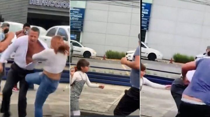 Una mujer patea a un hombre en el torso durante un altercado físico en una calle, rodeada de transeúntes y autos; algunos espectadores luego debatieron el evento en línea, cuestionando si se trataba de una noticia falsa.