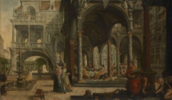 Una pintura renacentista representa a personas con atuendos lujosos dentro de un gran entorno arquitectónico con columnas ornamentadas, arcos y una fuente, con diversas actividades que incluyen socializar y bañarse.