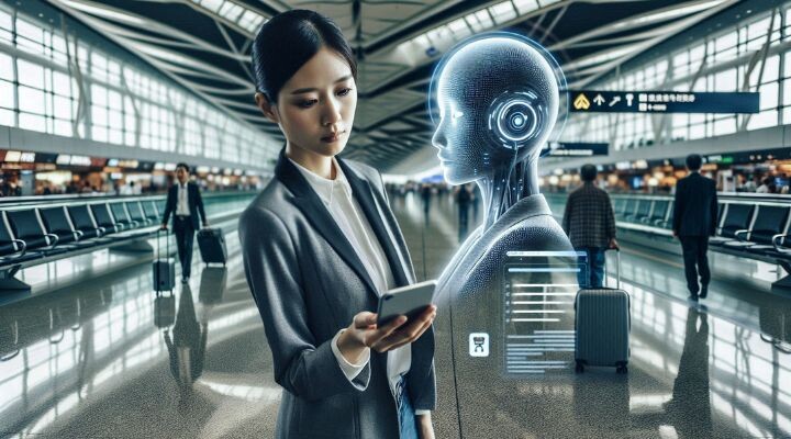 Una mujer con traje de negocios estÃ¡ parada en un aeropuerto, mirando su telÃ©fono, mientras una figura hologrÃ¡fica de IA (su El Dorado digital) aparece a su lado.