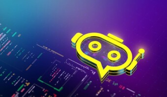 Imagen de un ícono de chat de robot 3D sobre un fondo renderizado digitalmente que presenta fragmentos de código coloridos y elementos de interfaz gráfica de usuario.