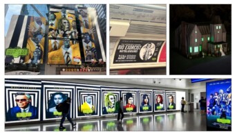 Collage que presenta publicidad de "Beetlejuice": mural de un gran edificio, anuncio de metro, casa modelo y varios carteles de los personajes en un área de exhibición.