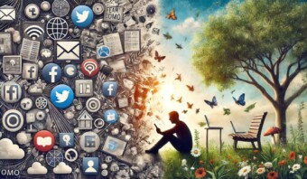 Una persona se sienta entre un mundo digital desordenado y una escena natural serena con mariposas y un árbol, encarnando el JOMO (la alegría de perderse algo) mientras saborea el contraste entre la tecnología y la naturaleza.