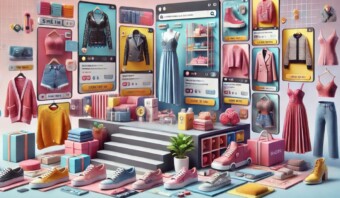 Un vibrante mercado virtual exhibe una variedad de prendas de vestir y accesorios, incluidos zapatos, vestidos y blusas, todos dispuestos en una colorida interfaz de compra digital completa con íconos y texto intuitivos.