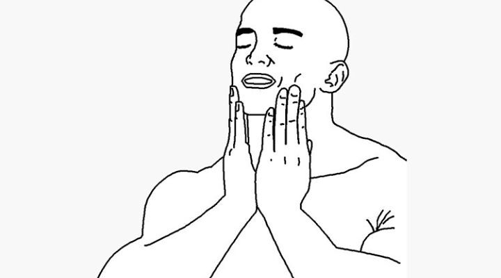 Un dibujo captura a una persona con los ojos cerrados, las manos en las mejillas y una expresión de satisfacción, como si reflexionara en silencio: "qué con estos chavos".