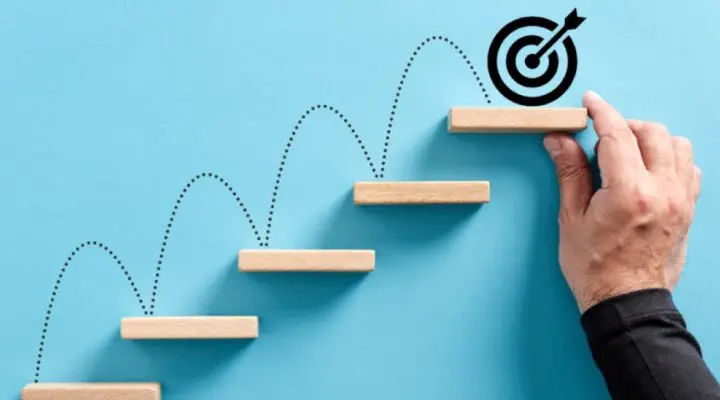 Una mano dispone bloques de madera como escalones, con líneas de puntos que conducen a un ícono de objetivo sobre un fondo azul.