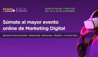 Imagen promocional del evento EMMS Digital Trends 2024, en la que aparece una persona con un casco de realidad virtual sobre un fondo violeta vibrante. Únase a nosotros del 26 al 28 de noviembre y explore el futuro del marketing digital.
