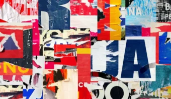 Un collage colorido de carteles rasgados con varios colores y texto parcial, enriquecido con figuras retÃ³ricas ocultas, crea un diseÃ±o abstracto y en capas.