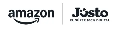 Logotipos de Amazon y Jüsto uno al lado del otro, con el lema de Jüsto "El Súper 100% Digital" debajo.