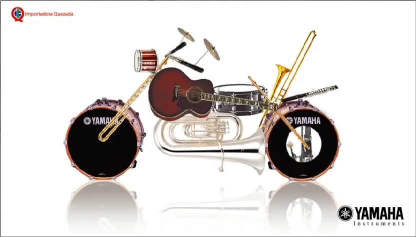 Una motocicleta está ingeniosamente compuesta por varios instrumentos musicales, entre ellos una guitarra, una trompeta, un trombón y una baterÃa. Utiliza hábilmente figuras retóricas para realzar la marca Yamaha visible en su atrevido diseño.
