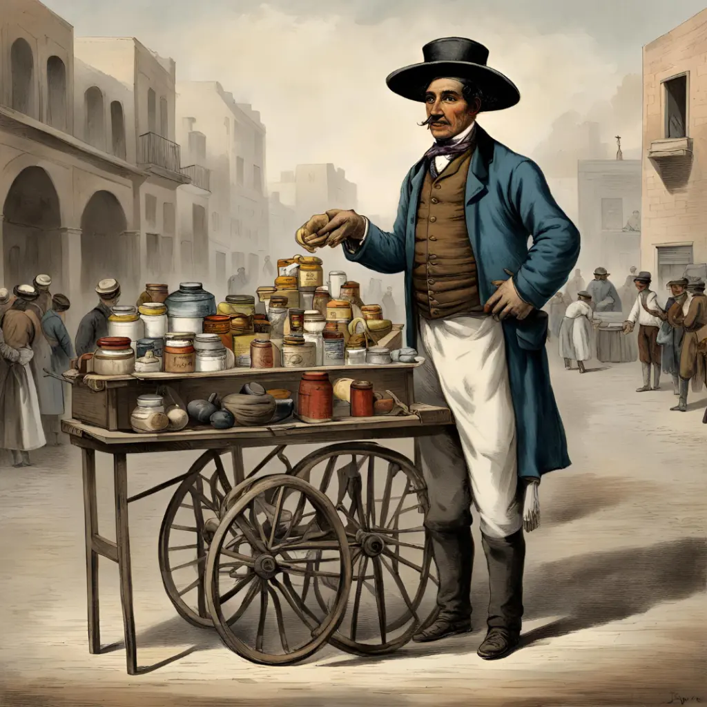 Un hombre con atuendo tradicional se encuentra junto a un carro con ruedas lleno de diversos frascos y artículos en una calle, con gente y edificios en el fondo.