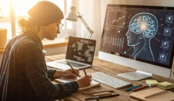 Una persona con gorro estudia en un escritorio con un cuaderno, rodeada de material de oficina. Una pantalla de ordenador muestra una ilustración de un cerebro y gráficos de datos.