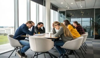 Cinco personas se sientan alrededor de una mesa en una oficina, pareciendo pensativas o estresadas, con papeles y tazas frente a ellas cerca de ventanas altas.