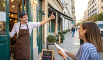 Una persona con delantal levanta el pulgar a la entrada de una tienda. Otra persona observa mientras está sentada en una mesa al aire libre con un menú. Un cartel en la pizarra dice "Mira, pronto habrá más".