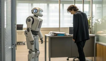 Un robot humanoide y una persona se encuentran uno frente al otro en una oficina con un escritorio y una computadora portátil cerca.