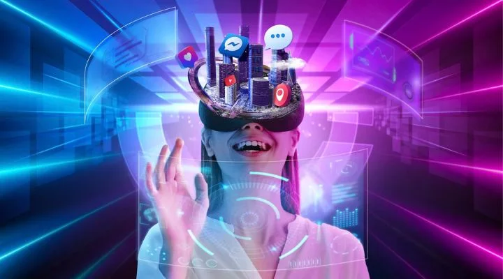 Una persona que usa un casco VR está inmersa en un entorno digital vibrante, rodeada de elementos de ciudad virtual e íconos flotantes, integrando perfectamente Inteligencia Artificial en su proceso creativo mientras interactúa con pantallas holográficas.