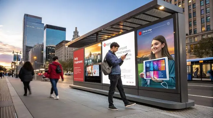 Una persona interactúa con una pantalla táctil en una parada de autobús moderna en una zona urbana, rodeada de edificios altos. La gente pasa por la acera mostrando la personalización con IA
