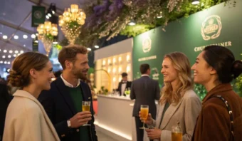 Cuatro personas sosteniendo bebidas, sonriendo y conversando en un evento formal con una decoración verde y dorada de fondo.