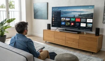 Una persona sentada en un sofá mira un televisor de pantalla plana grande que muestra menús de servicios de transmisión en una sala de estar moderna.