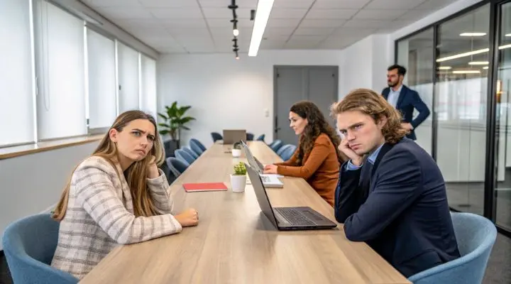 Cuatro personas estÃ¡n sentadas alrededor de una mesa de conferencias en una oficina; dos miran a la cÃ¡mara con expresiÃ³n aburrida, mientras que otras dos estÃ¡n ocupadas con sus computadoras portÃ¡tiles. Una quinta persona estÃ¡ de pie en el fondo, encarnando el espÃ­ritu del bienestar laboral al fomentar la conexiÃ³n y la positividad.